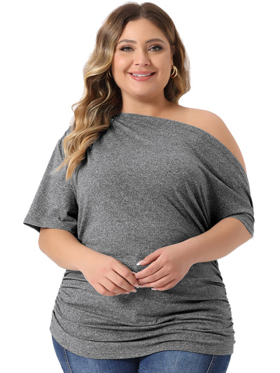 Plus Size Tops for Women One Shoulder Short Sleeve Ruched Basic Blouses