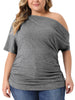 Plus Size Tops for Women One Shoulder Short Sleeve Ruched Basic Blouses