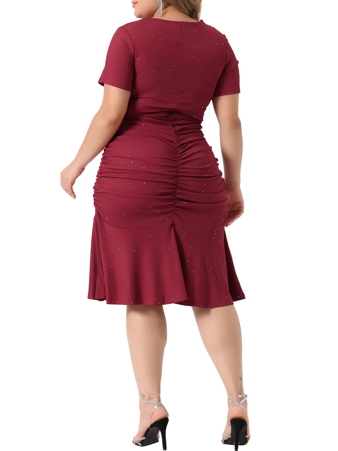Bublédon Plus Size Dress for Women Ruffle Hem V Neck Short Sleeve Sequin Ruched Dresses