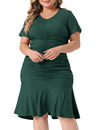 Plus Size Dress for Women Ruffle Hem V Neck Short Sleeve Sequin Ruched Dresses