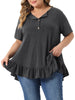 Plus Size T Shirts for Women V Neck Button Up Short Sleeve Ruffled Hem Blouse Tops