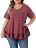 Plus Size T Shirts for Women V Neck Button Up Short Sleeve Ruffled Hem Blouse Tops