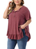 Plus Size T Shirts for Women V Neck Button Up Short Sleeve Ruffled Hem Blouse Tops