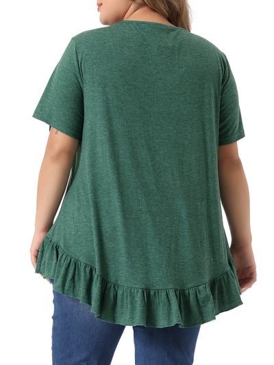 Plus Size T Shirts for Women V Neck Button Up Short Sleeve Ruffled Hem Blouse Tops