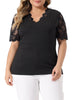 Plus Size Summer Tops for Women V Neck Short Sleeve 2023 Elegant Lace Ribbed Knit Tunic Blouse