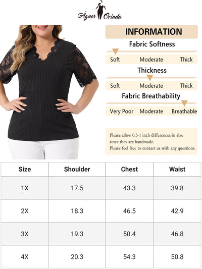 Plus Size Summer Tops for Women V Neck Short Sleeve 2023 Elegant Lace Ribbed Knit Tunic Blouse