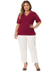 Plus Size Summer Tops for Women V Neck Short Sleeve 2023 Elegant Lace Ribbed Knit Tunic Blouse