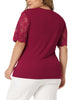 Plus Size Summer Tops for Women V Neck Short Sleeve 2023 Elegant Lace Ribbed Knit Tunic Blouse
