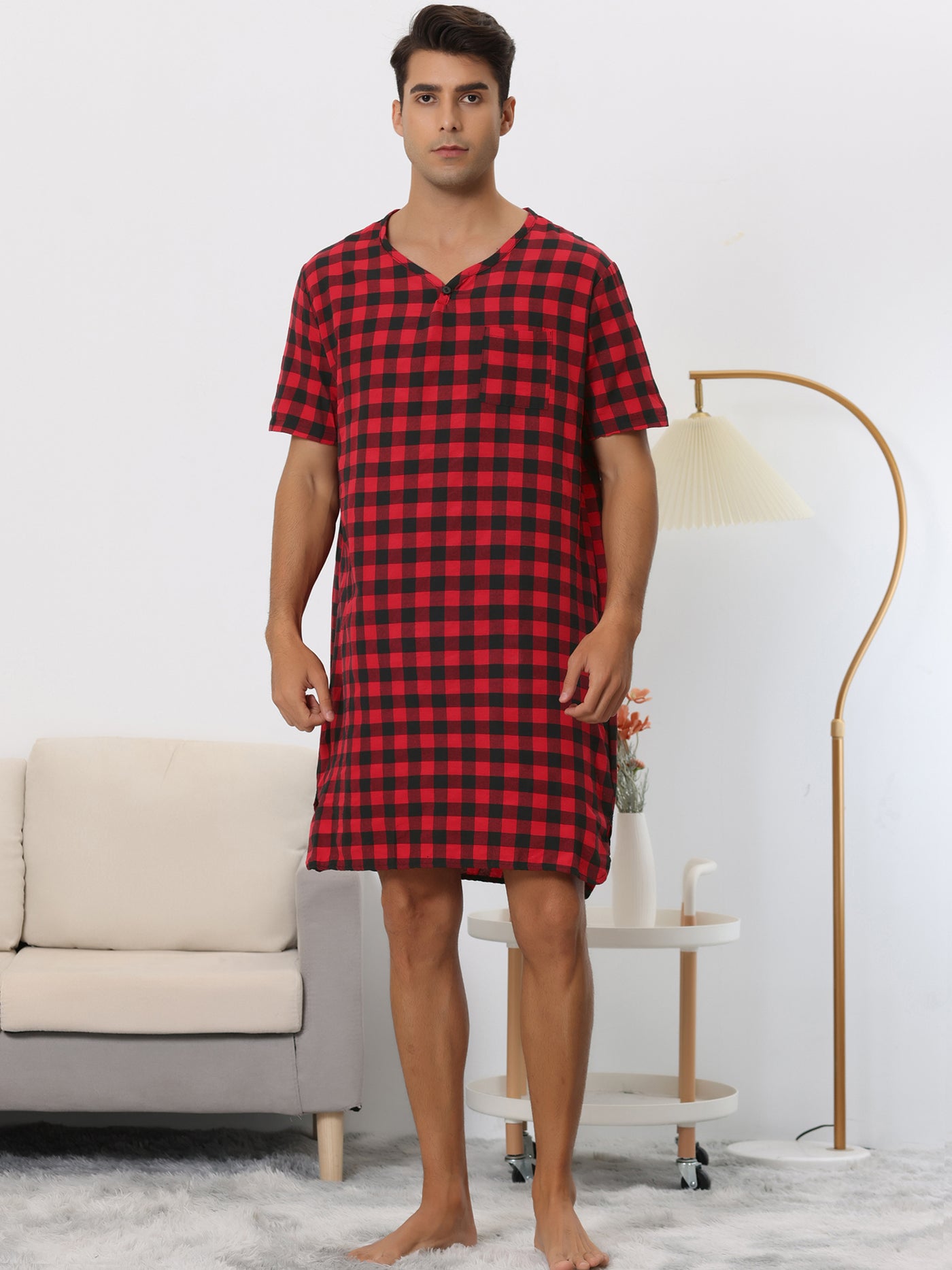 Bublédon Tartan Gingham Nightshirt for Men's V-Neck Short Sleeves Sleepwear Plaid Checked Nightgown