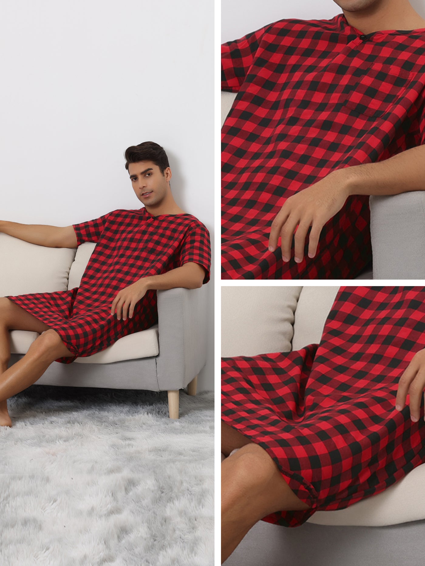 Bublédon Tartan Gingham Nightshirt for Men's V-Neck Short Sleeves Sleepwear Plaid Checked Nightgown