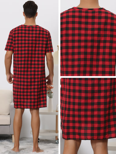Tartan Gingham Nightshirt for Men's V-Neck Short Sleeves Sleepwear Plaid Checked Nightgown