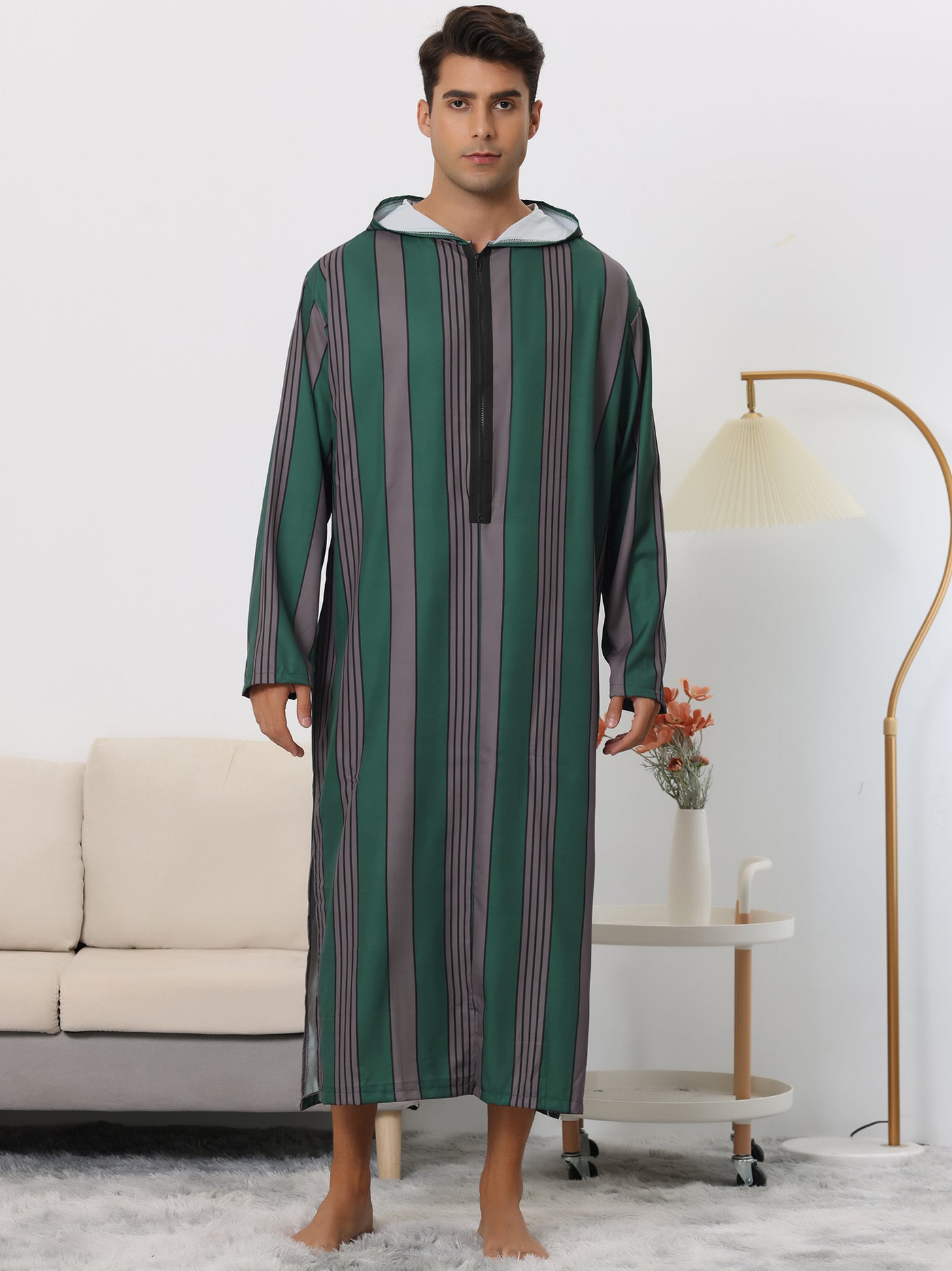 Bublédon Striped Nightgown for Men's Long Sleeves Zipper Hooded Stripes Nightshirt