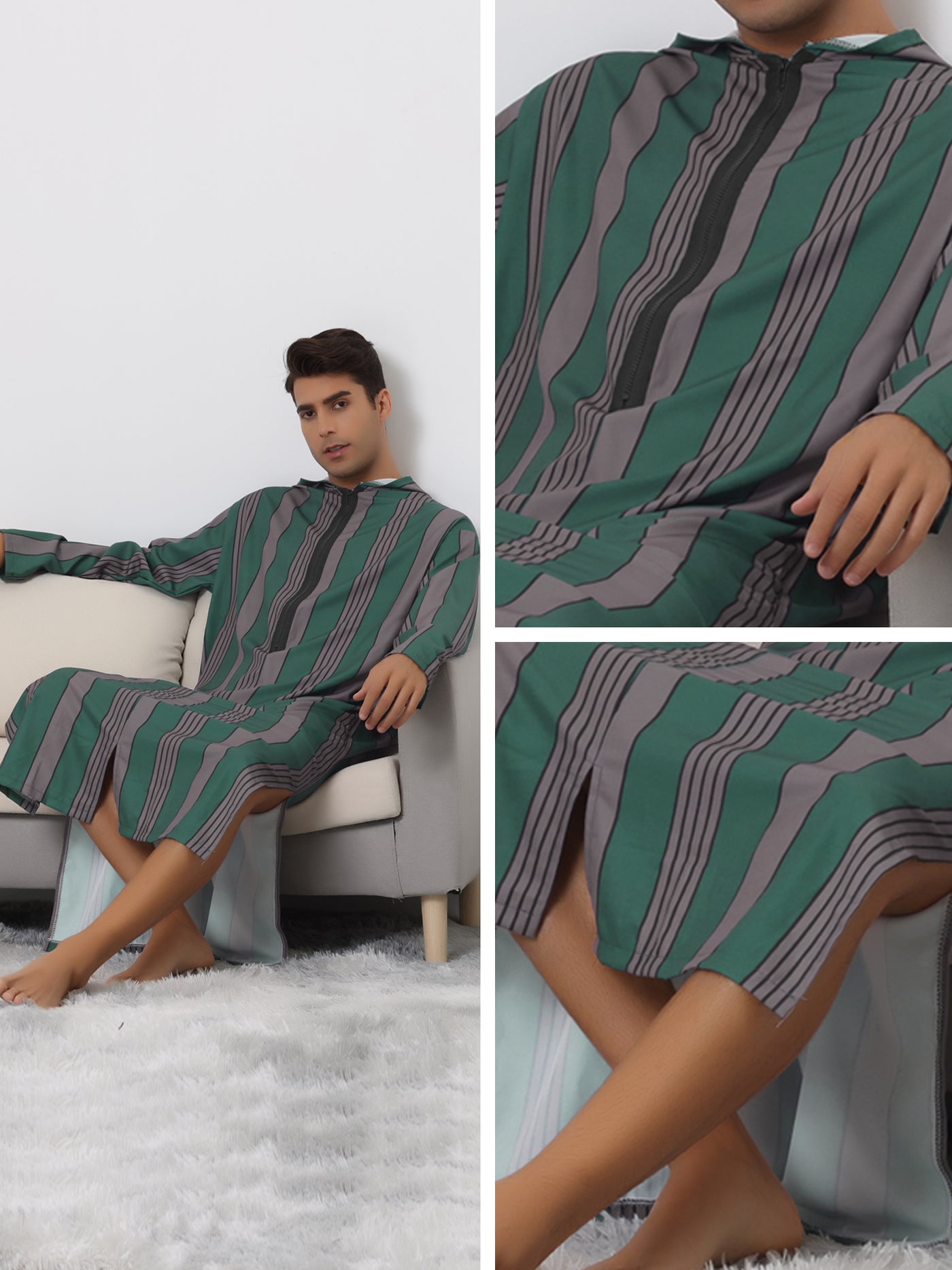 Bublédon Striped Nightgown for Men's Long Sleeves Zipper Hooded Stripes Nightshirt