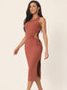 Crewneck Waist Cut Out Split Slit Tank Ribbed Bodycon Dress