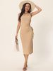Crewneck Waist Cut Out Split Slit Tank Ribbed Bodycon Dress