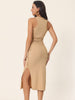 Crewneck Waist Cut Out Split Slit Tank Ribbed Bodycon Dress