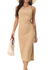Crewneck Waist Cut Out Split Slit Tank Ribbed Bodycon Dress