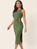 Crewneck Waist Cut Out Split Slit Tank Ribbed Bodycon Dress