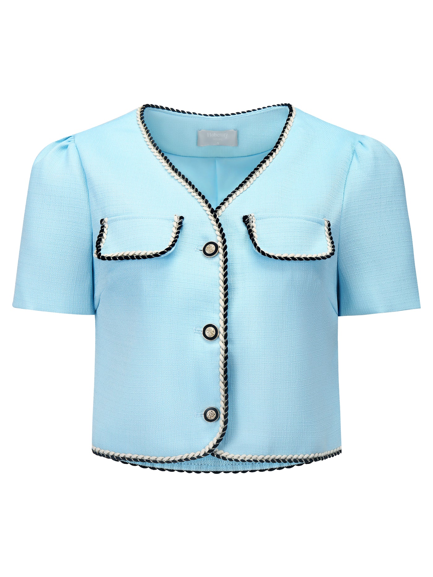 Bublédon Women's Tweed Jacket Contrast Color Button Down Short Sleeve Work Office Blazer