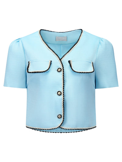 Women's Tweed Jacket Contrast Color Button Down Short Sleeve Work Office Blazer