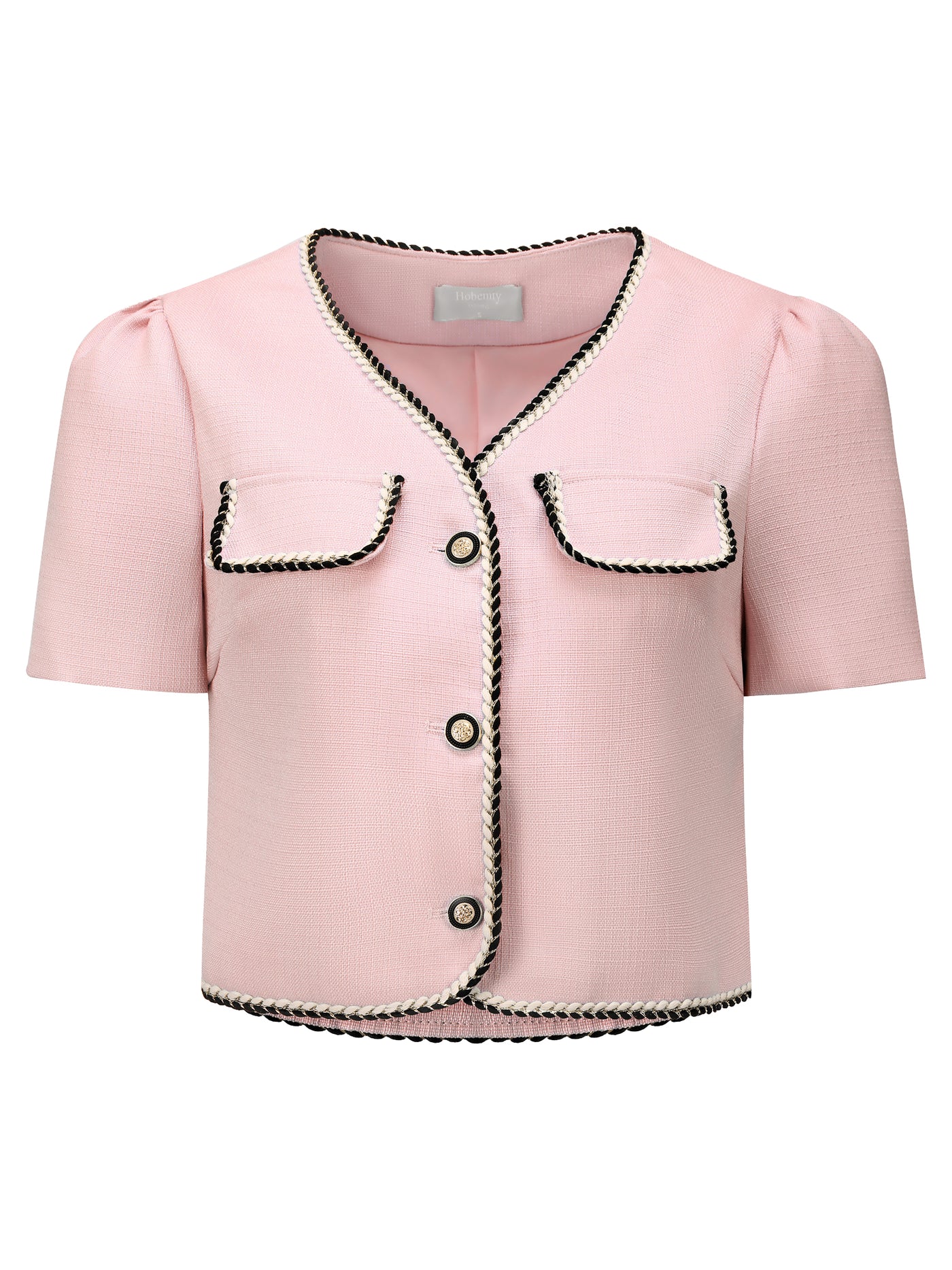 Bublédon Women's Tweed Jacket Contrast Color Button Down Short Sleeve Work Office Blazer