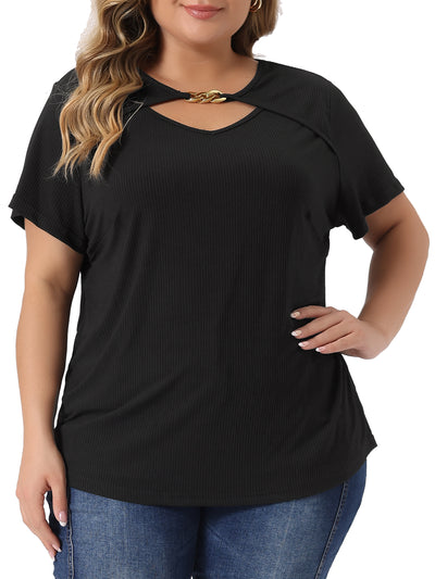 Plus Size Top for Women Basic Short Sleeve Metal Chain Crop Tops Cutout Front Bodycon T-Shirts