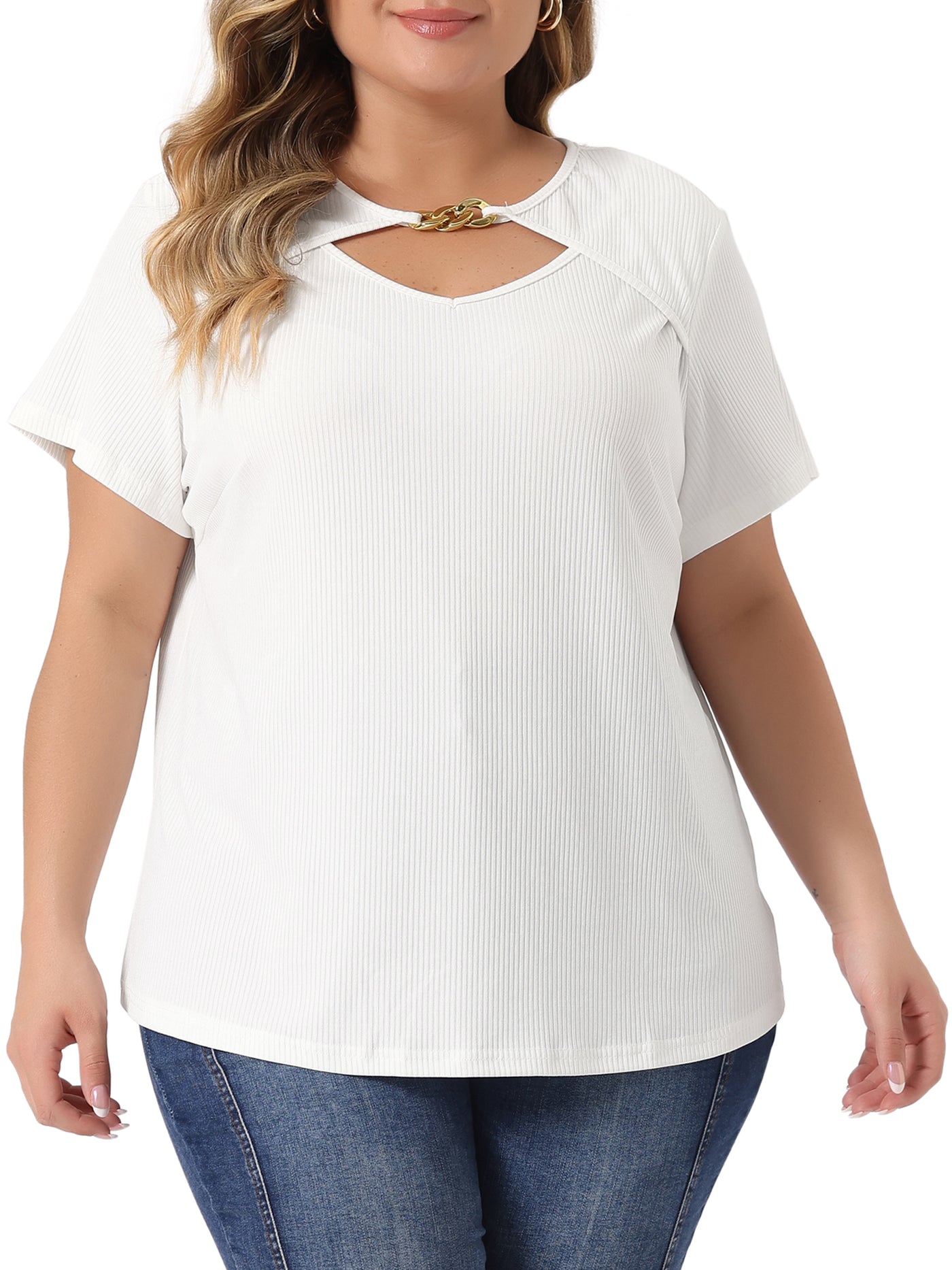 Bublédon Plus Size Top for Women Basic Short Sleeve Metal Chain Crop Tops Cutout Front Bodycon T-Shirts