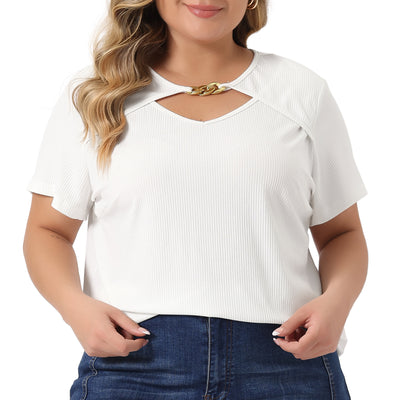 Plus Size Top for Women Basic Short Sleeve Metal Chain Crop Tops Cutout Front Bodycon T-Shirts