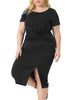 Plus Size Dress for Women Round Neck Knot Front Short Sleeve Side Split Dresses