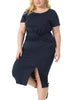 Plus Size Dress for Women Round Neck Knot Front Short Sleeve Side Split Dresses