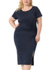 Plus Size Dress for Women Round Neck Knot Front Short Sleeve Side Split Dresses