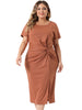 Plus Size Dress for Women Round Neck Knot Front Short Sleeve Side Split Dresses
