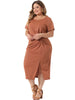 Plus Size Dress for Women Round Neck Knot Front Short Sleeve Side Split Dresses