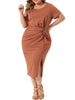 Plus Size Dress for Women Round Neck Knot Front Short Sleeve Side Split Dresses