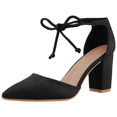 Ankle Tie Pointed Toe Chunky Heel Pumps for Women