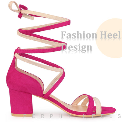 Lace Up Contrasting Colors Open Toe Block Heel Sandals for Women