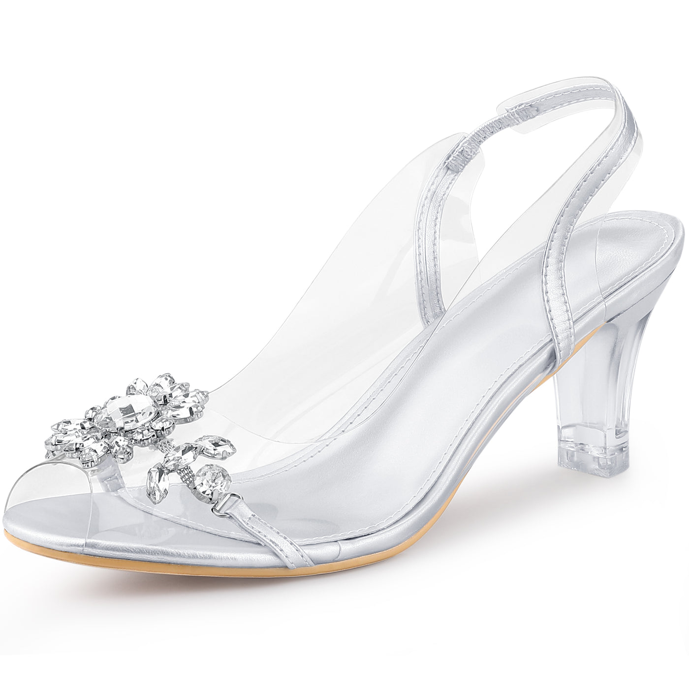 Bublédon Peep Toe Flower Rhinestone Slingback Clear Chunky Heels Sandals for Women