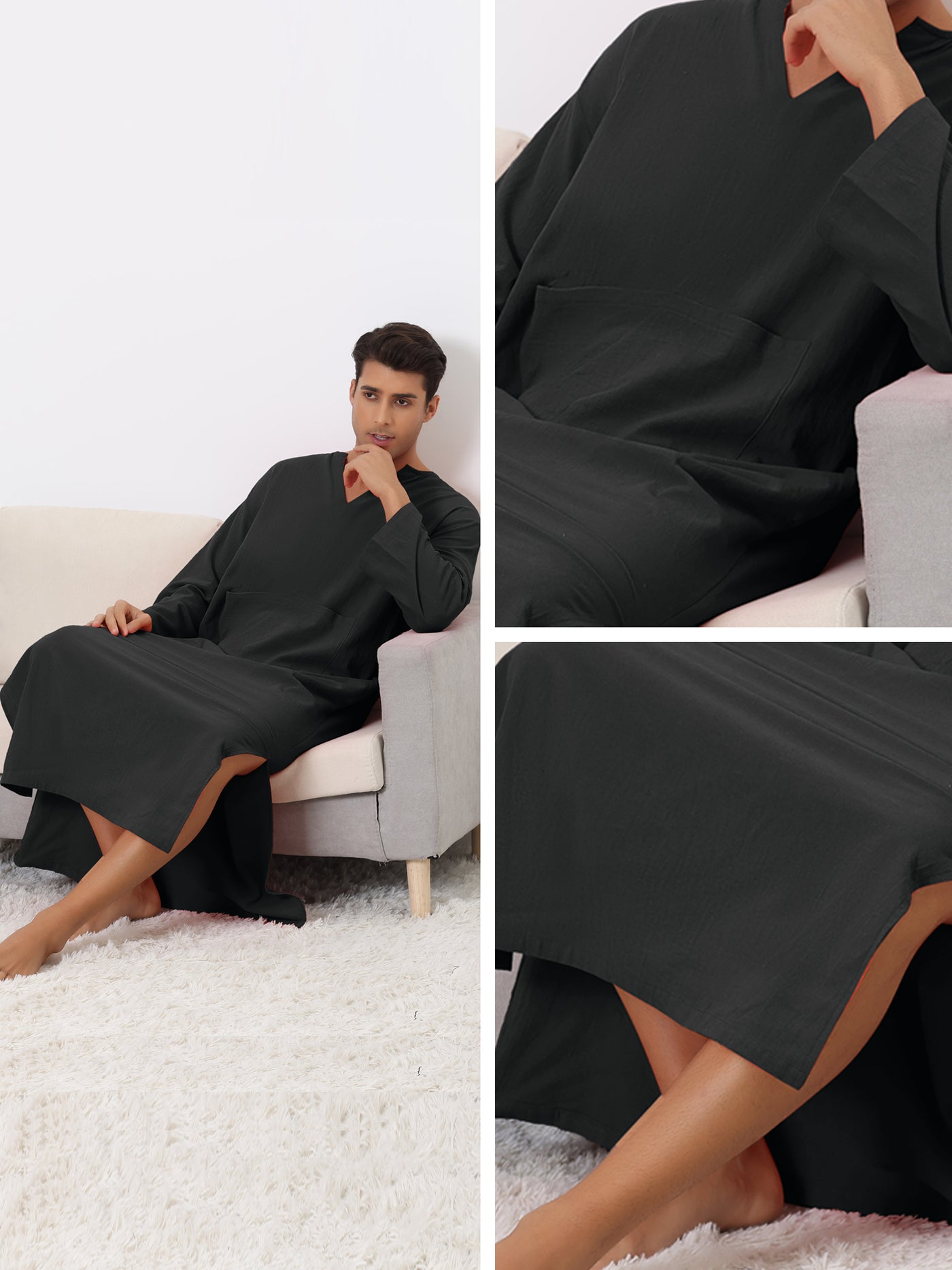 Bublédon Nightgown for Men's Loose Fit Sleepwear Long Sleeves V Neck Comfy Nightshirts