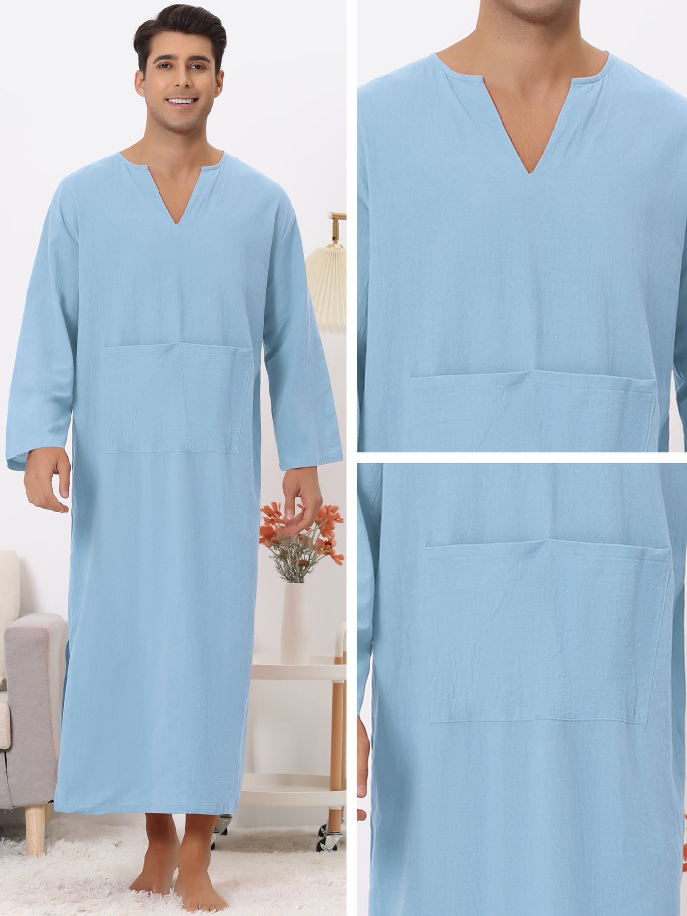 Bublédon Nightgown for Men's Loose Fit Sleepwear Long Sleeves V Neck Comfy Nightshirts