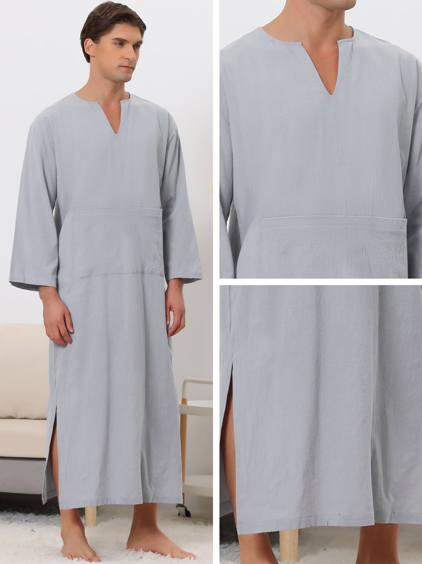 Bublédon Nightshirt for Men's V-Neck Long Sleeves Pajamas Nightgown with Pockets
