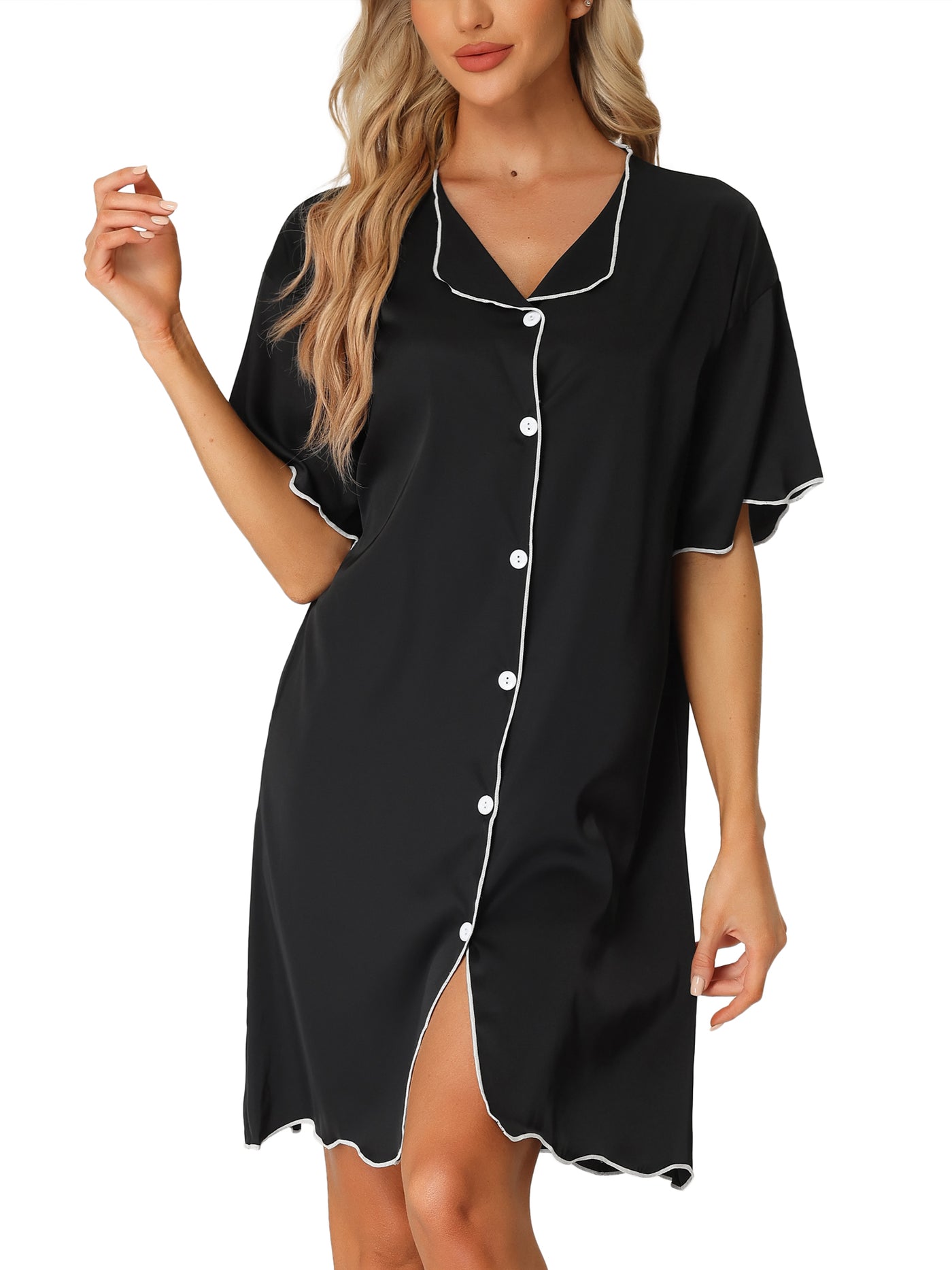 Bublédon Women Nightshirt Satin Short Sleeve Sleepshirt Button Down Pajama Nightgown
