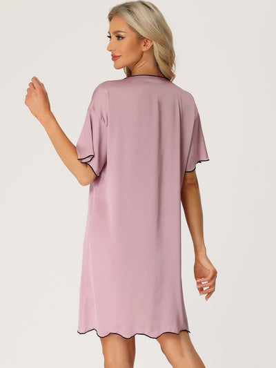 Women Nightshirt Satin Short Sleeve Sleepshirt Button Down Pajama Nightgown