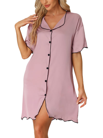 Women Nightshirt Satin Short Sleeve Sleepshirt Button Down Pajama Nightgown
