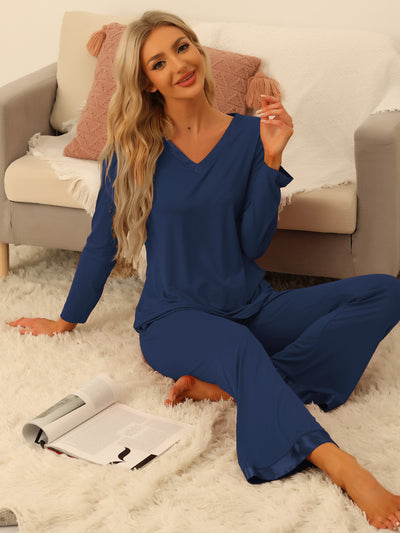 Women's Long Sleeve V Neck Shirt and Pants Sleepwear Pajama Sets