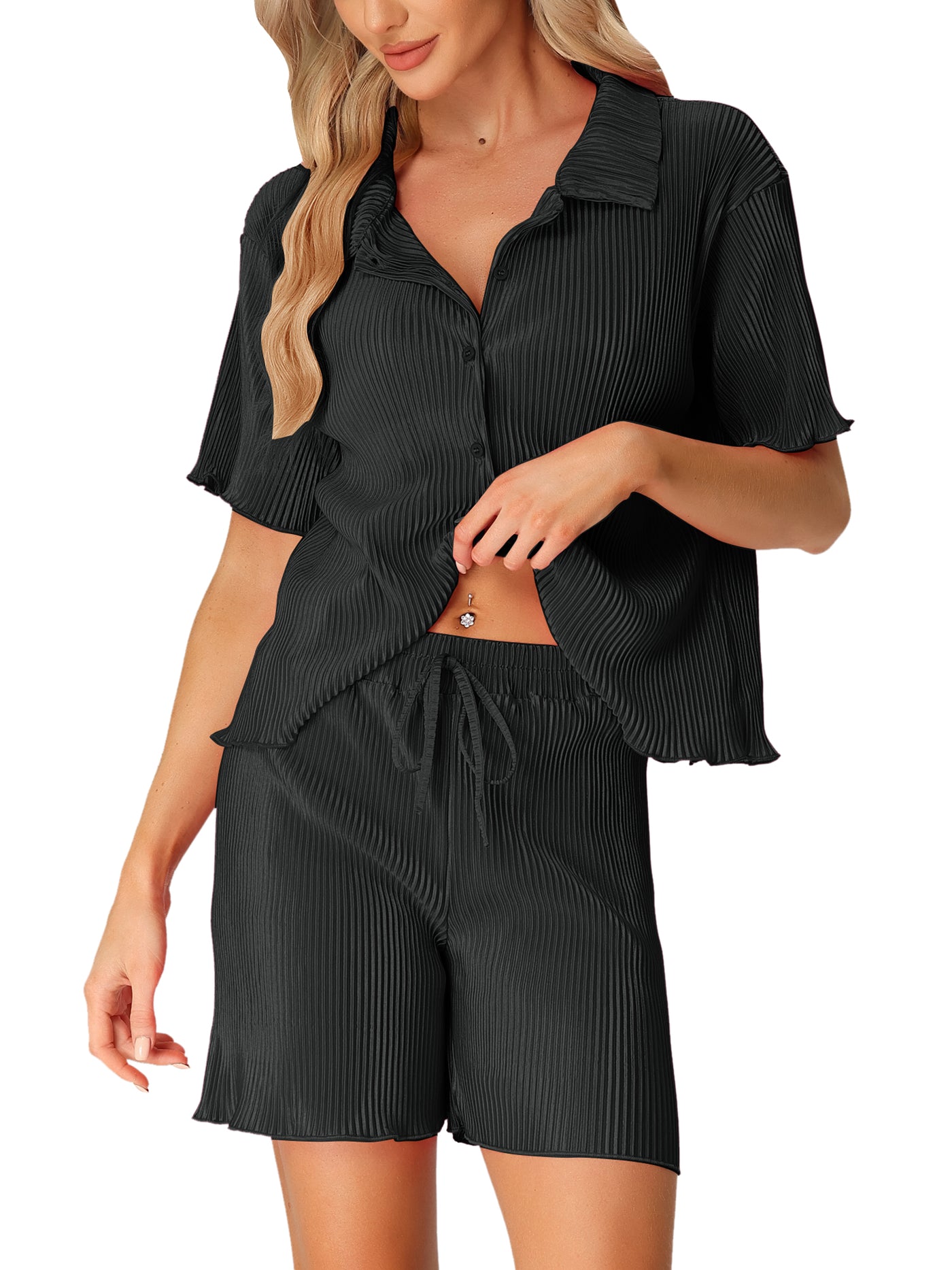 Bublédon Women Short Sleeve Button Down Shirt and Shorts Casual Outfits Loungewear