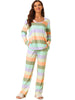 Womens Lounge Cotton Outfits Rainbow Long Sleeves with Pants Stripe Pajama Set
