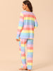 Womens Lounge Cotton Outfits Rainbow Long Sleeves with Pants Stripe Pajama Set