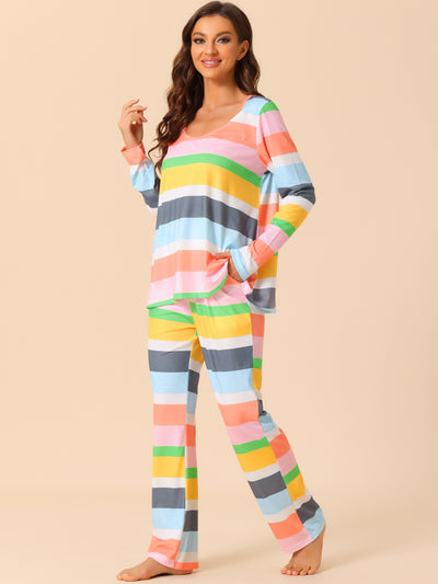 Womens Lounge Cotton Outfits Rainbow Long Sleeves with Pants Stripe Pajama Set