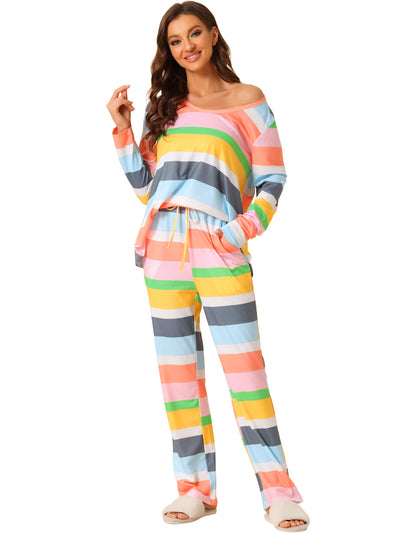 Womens Lounge Cotton Outfits Rainbow Long Sleeves with Pants Stripe Pajama Set