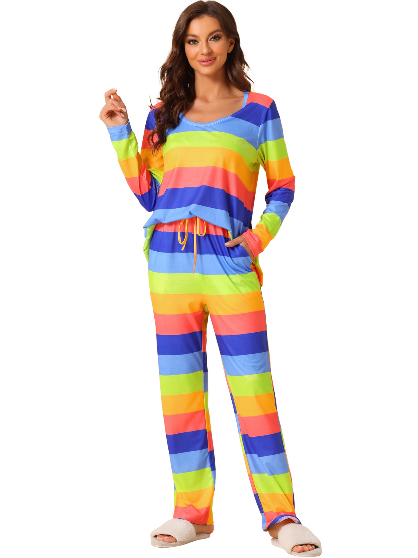 Bublédon Womens Lounge Cotton Outfits Rainbow Long Sleeves with Pants Stripe Pajama Set